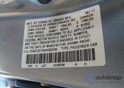 2017 Honda Civic Ex z USA, uszkodzony, nr VIN 2HGFC2F7XHH562546